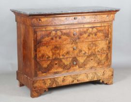 A 19th century French burr walnut four-drawer commode with a grey marble top and gilt brass handles,