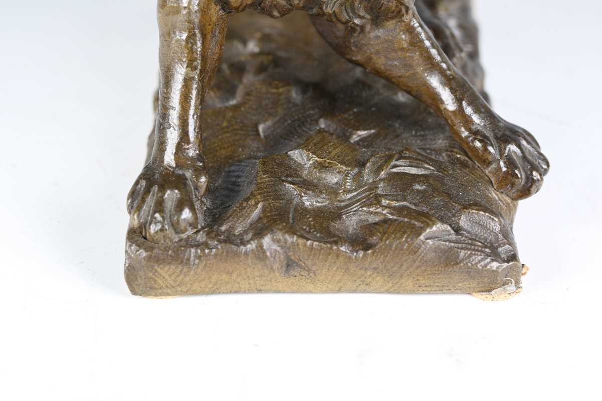 A late 19th century Continental green patinated cast bronze model of a barking dog, raised on a - Image 15 of 16