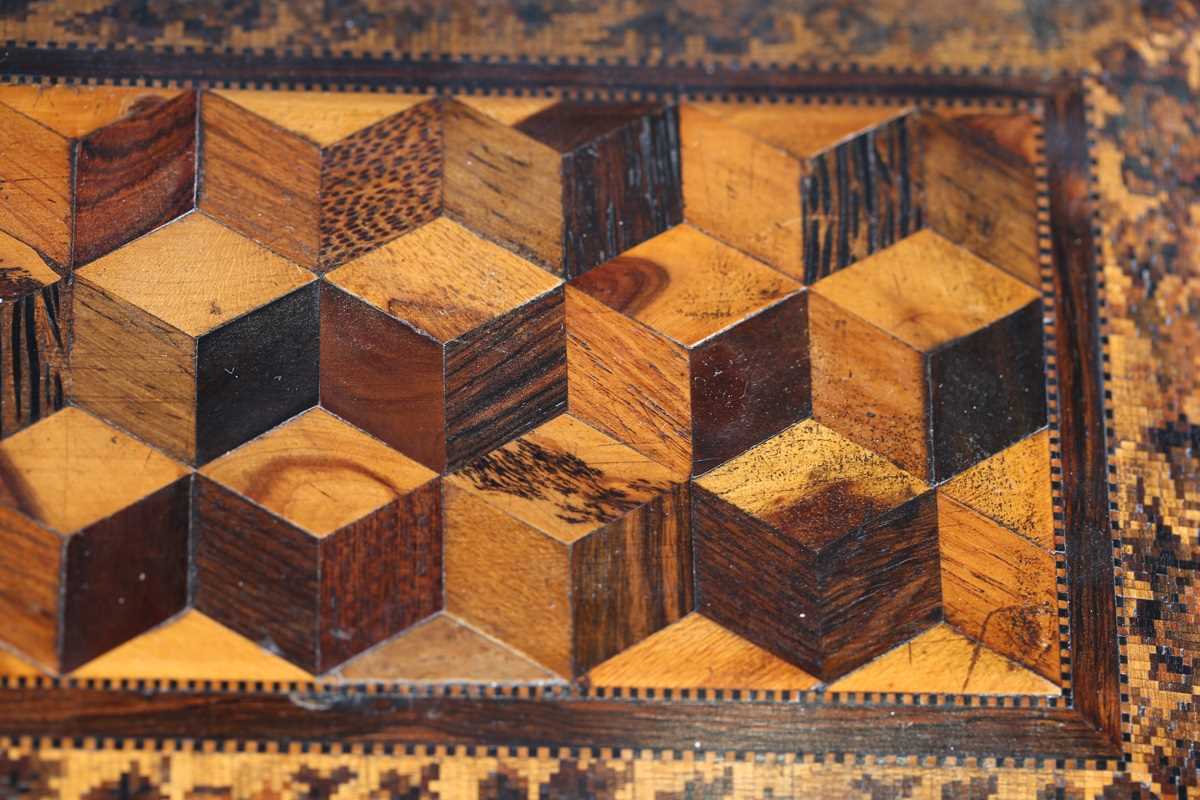 A Victorian Tunbridge ware rosewood tea caddy of sarcophagus form, the hinged lid with a geometric - Image 16 of 20