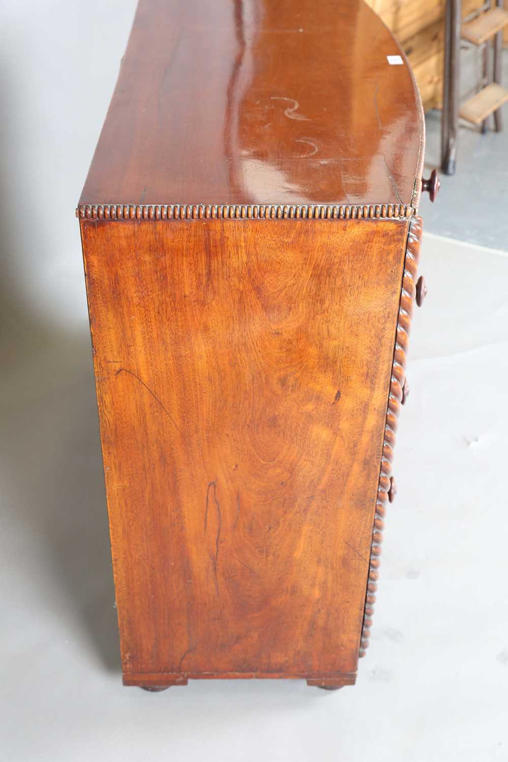 A Victorian mahogany bowfront chest of drawers with reeded pilasters and squat bun feet, height - Image 9 of 11