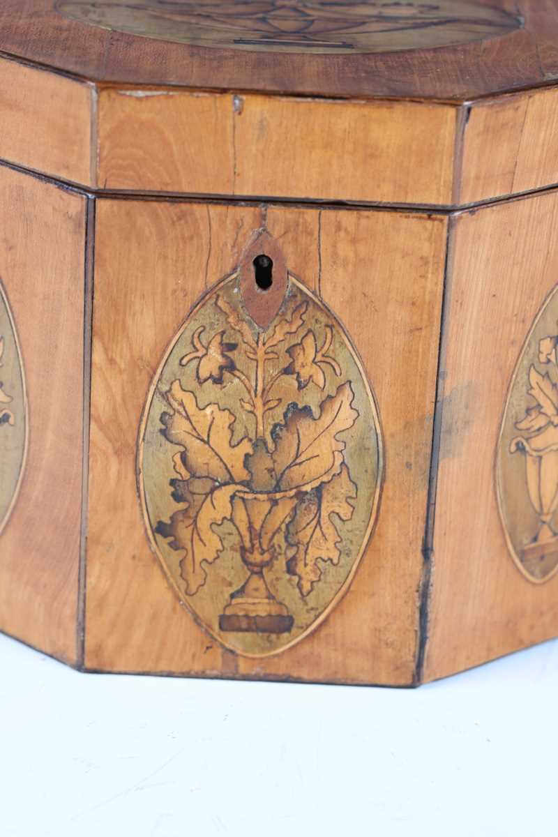 A George III satin birch canted hexagonal tea caddy, the hinged lid and front panels inlaid with - Image 3 of 10