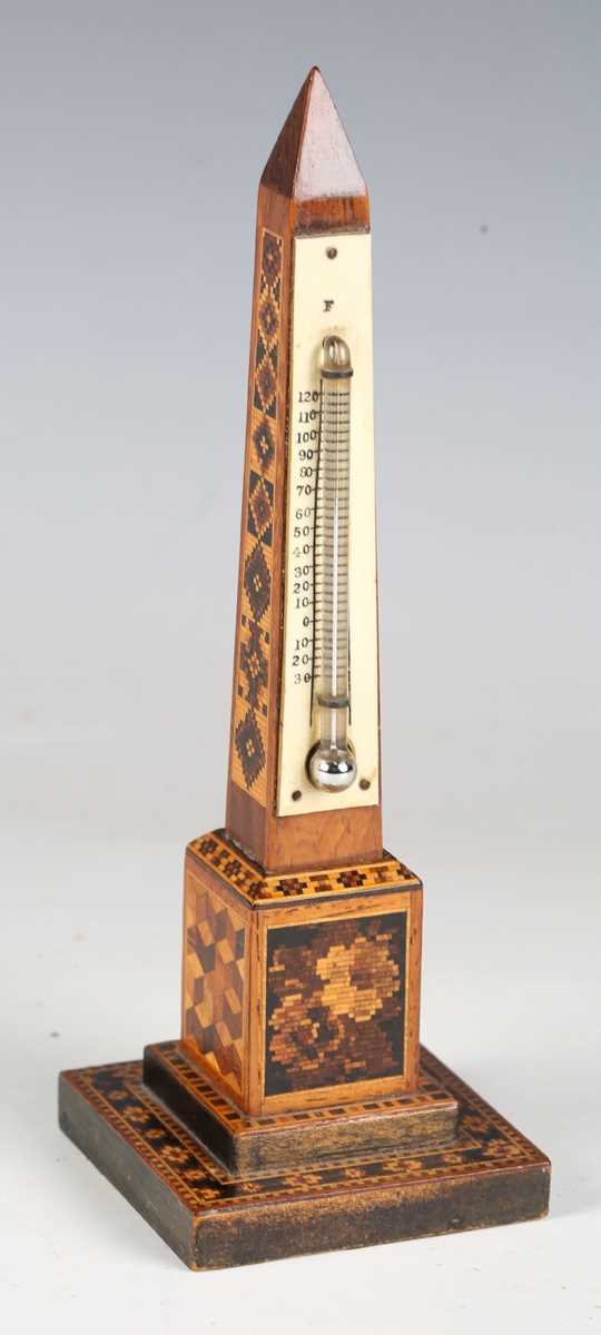 A Victorian Tunbridge ware desk thermometer of obelisk form, raised on a stepped square base, height