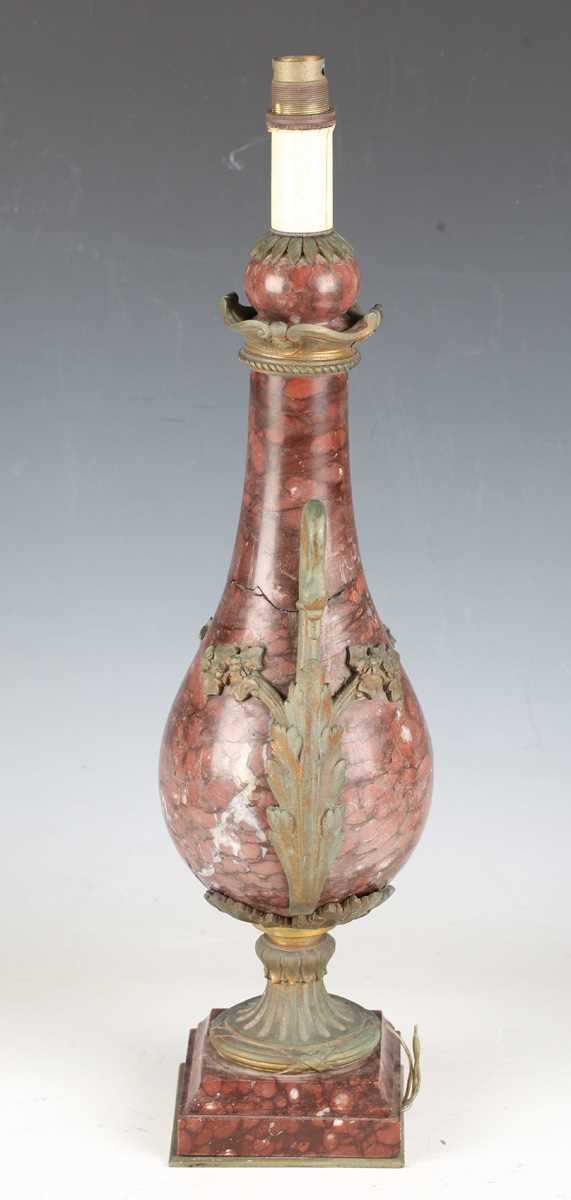 A 19th century French rouge marble and gilt metal mounted urn, converted to a table lamp, the pear- - Image 3 of 5