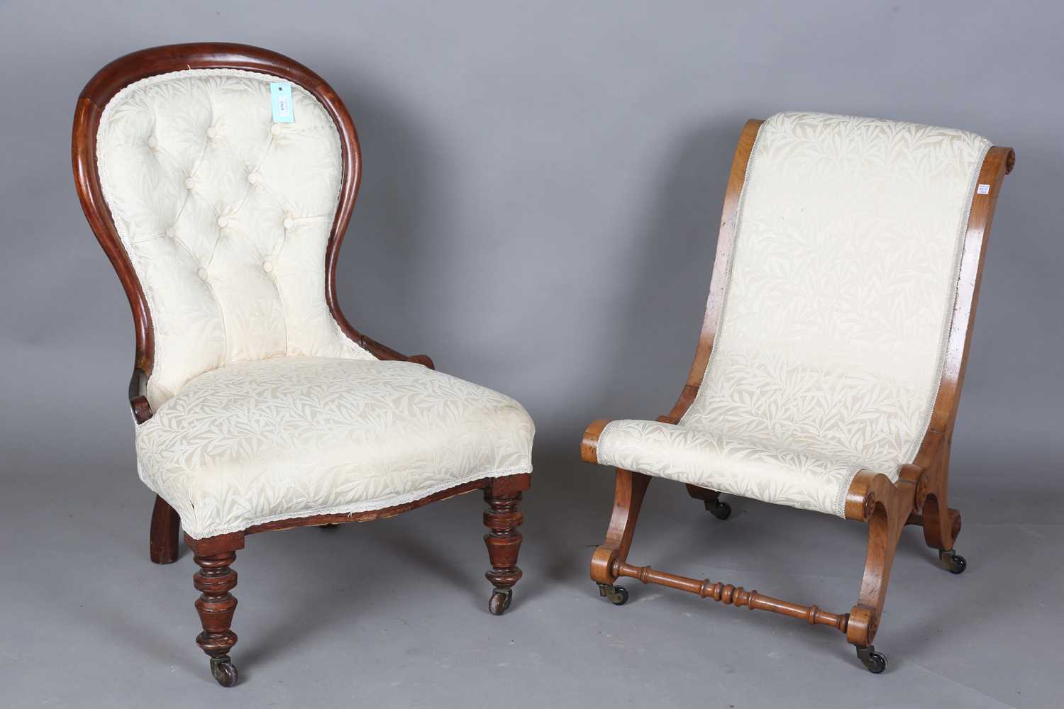 A Victorian walnut showframe balloon back salon chair, upholstered in cream damask, height 86cm,