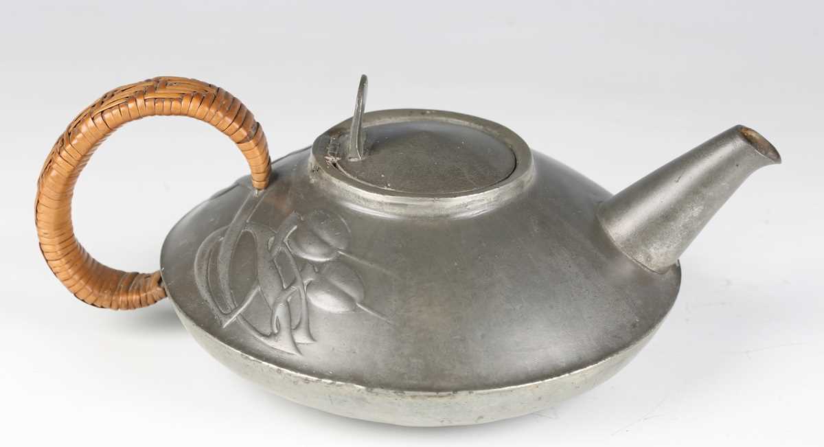 A Liberty & Co 'Tudric' pewter teapot and matching sugar bowl, model number '0231', designed by - Image 2 of 17