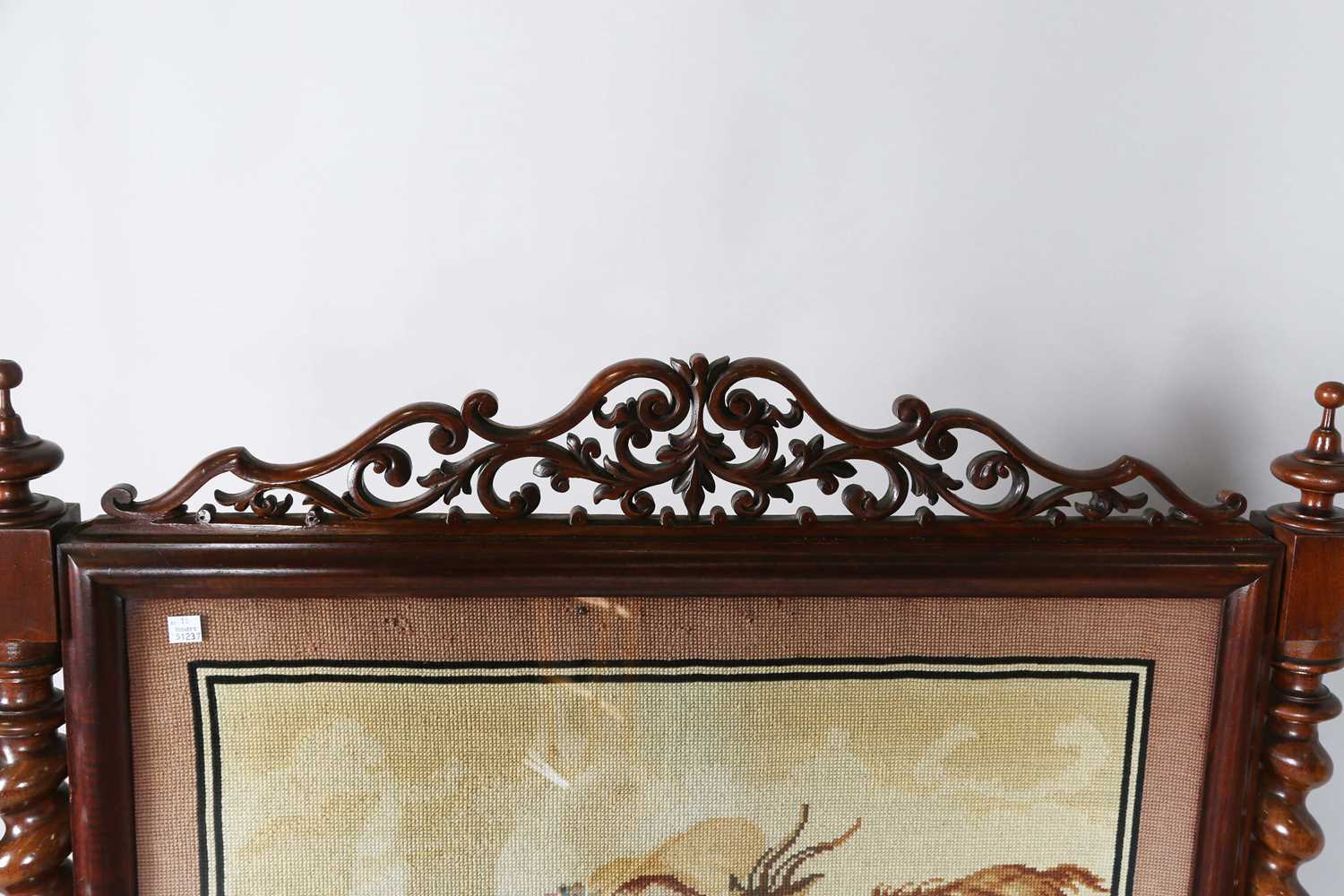 A large mid-Victorian walnut framed firescreen, inset with a woolwork panel and raised on carved - Image 3 of 13