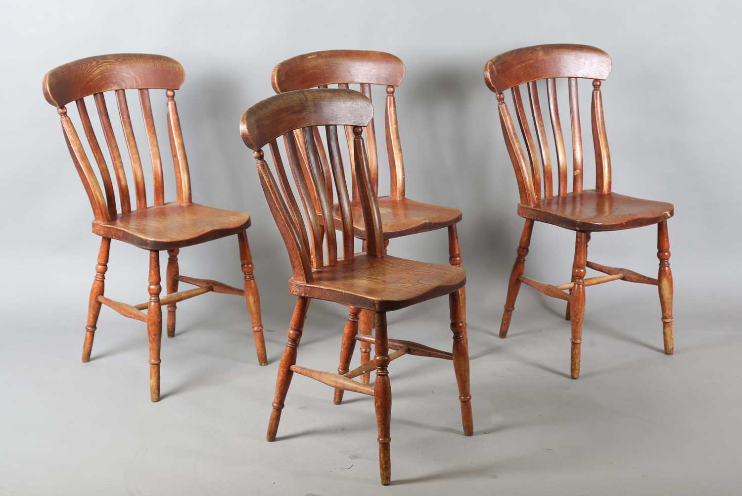 A set of four late 19th century ash and beech comb back kitchen chairs, height 89cm, width 47cm, - Image 6 of 12
