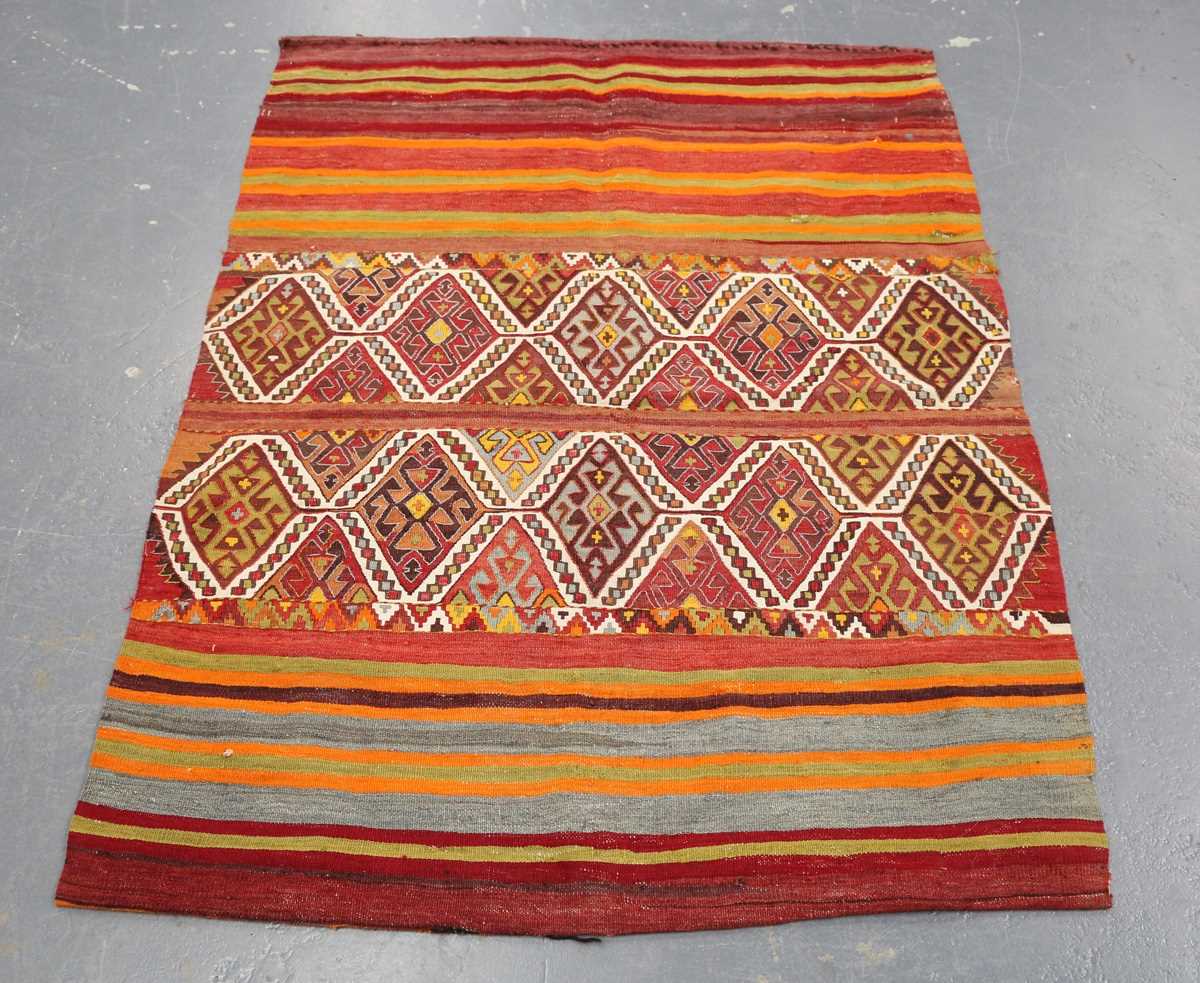 A Turkish flatweave bag, late 20th century, the two central bands worked with hooked polychrome