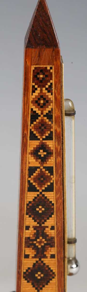 A Victorian Tunbridge ware desk thermometer of obelisk form, raised on a stepped square base, height - Image 6 of 14