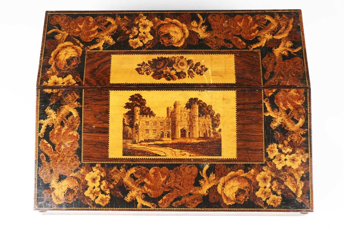 A mid-Victorian Tunbridge ware writing box, the double-hinged lid with a mosaic view of a castle - Image 2 of 17