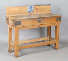 An early 20th century pine and beech block butcher’s table, bearing label detailed ‘Rushbrooke's