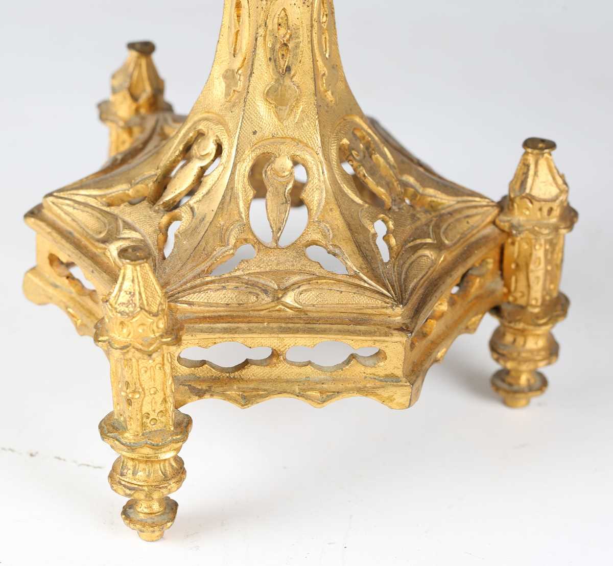 A pair of late 19th century French Gothic Revival cast ormolu four-light candelabra, each stem - Image 6 of 15