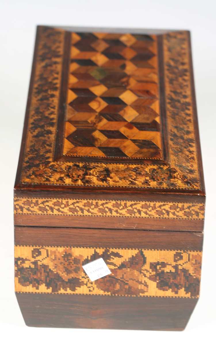 A Victorian Tunbridge ware rosewood tea caddy of sarcophagus form, the hinged lid with a geometric - Image 20 of 20