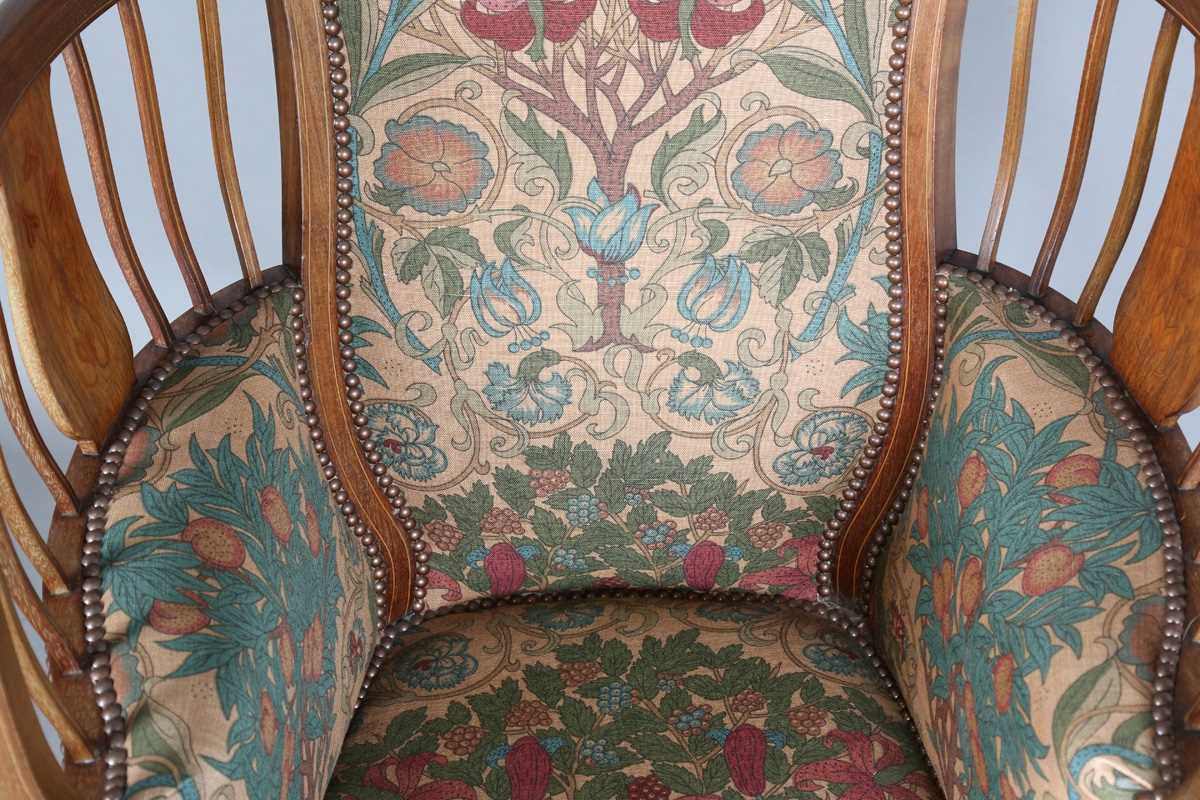 An Edwardian Arts and Crafts mahogany framed armchair, in the manner of G.M. Ellwood and possibly - Image 4 of 14