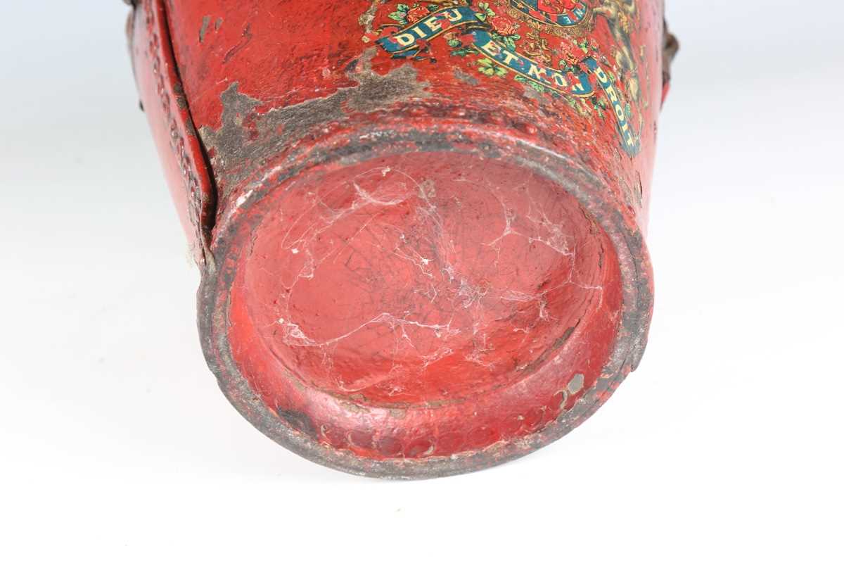 A late 18th/19th century painted leather fire bucket with strap handle and transfer printed royal - Image 8 of 8