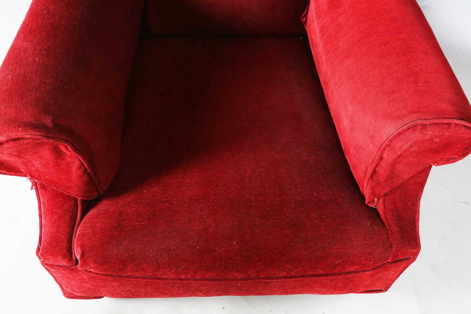 A late Victorian wing back armchair, upholstered in claret velour, height 95cm, width 84cm, depth - Image 4 of 12