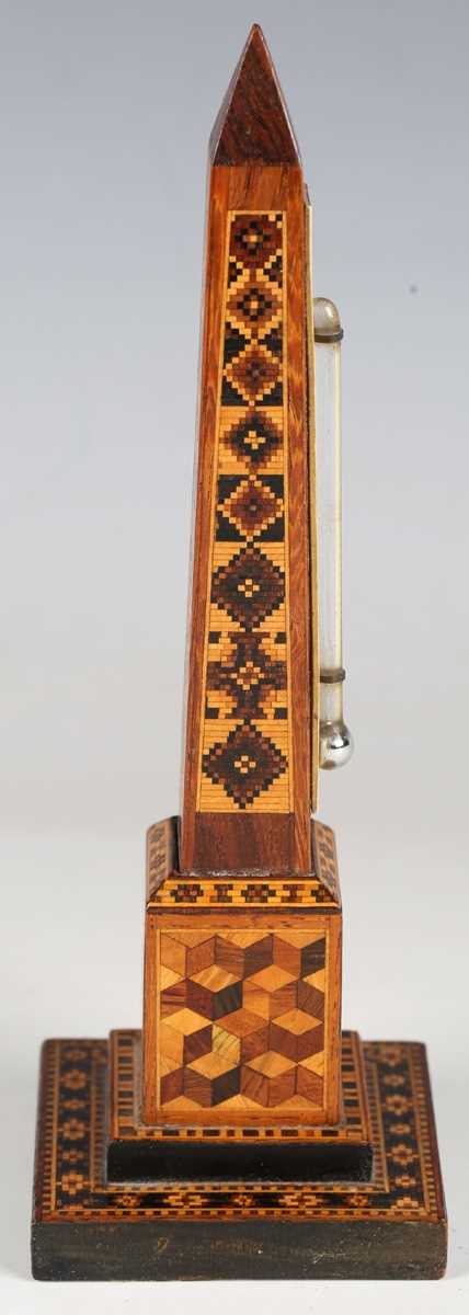 A Victorian Tunbridge ware desk thermometer of obelisk form, raised on a stepped square base, height - Image 5 of 14