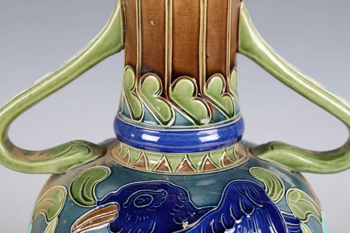 A Burmantofts Faience pottery twin-handled vase, circa 1900, the bulbous body decorated with - Image 3 of 12