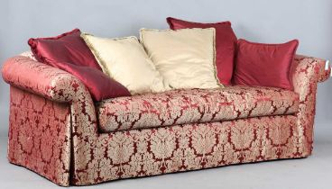 A modern three-seat sofa by J. Robert Scott, upholstered in foliate patterned claret damask,