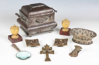A small group of collectors' items, including an 18th century Dutch tin box, width 22cm, a pair of