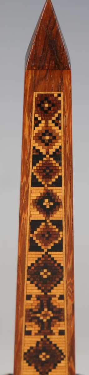 A Victorian Tunbridge ware desk thermometer of obelisk form, raised on a stepped square base, height - Image 9 of 14