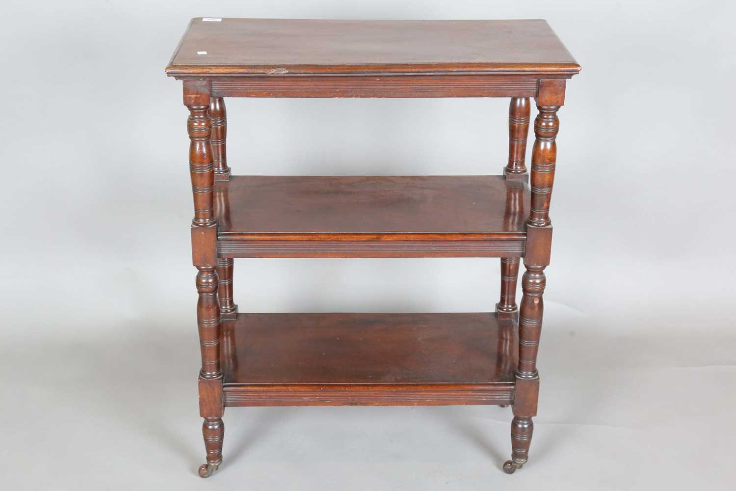 A late Victorian mahogany three-tier whatnot with ring turned legs and castors, height 92cm, width - Image 7 of 9