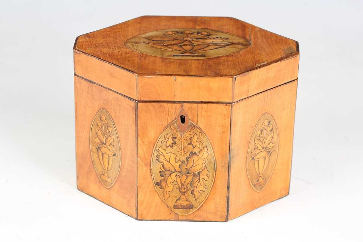 A George III satin birch canted hexagonal tea caddy, the hinged lid and front panels inlaid with - Image 2 of 10