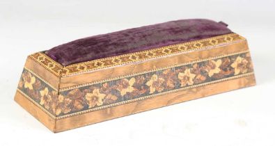 A Victorian Tunbridge ware rectangular pin cushion box, the removable top above a flared base with