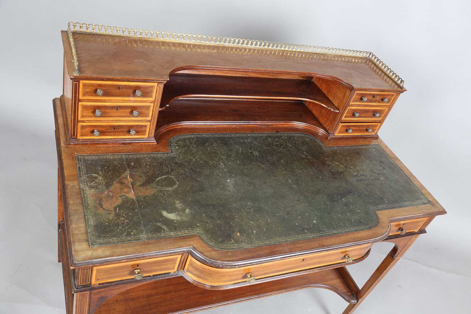 An Edwardian mahogany and satinwood crossbanded writing table, the frieze back fitted with - Image 2 of 11