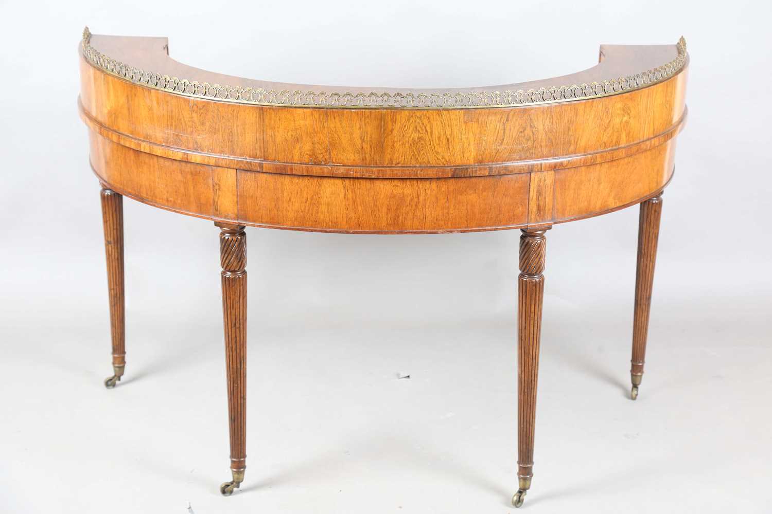 A 20th century reproduction walnut Carlton House style demi-lune desk, the gallery back with gilt - Image 13 of 15