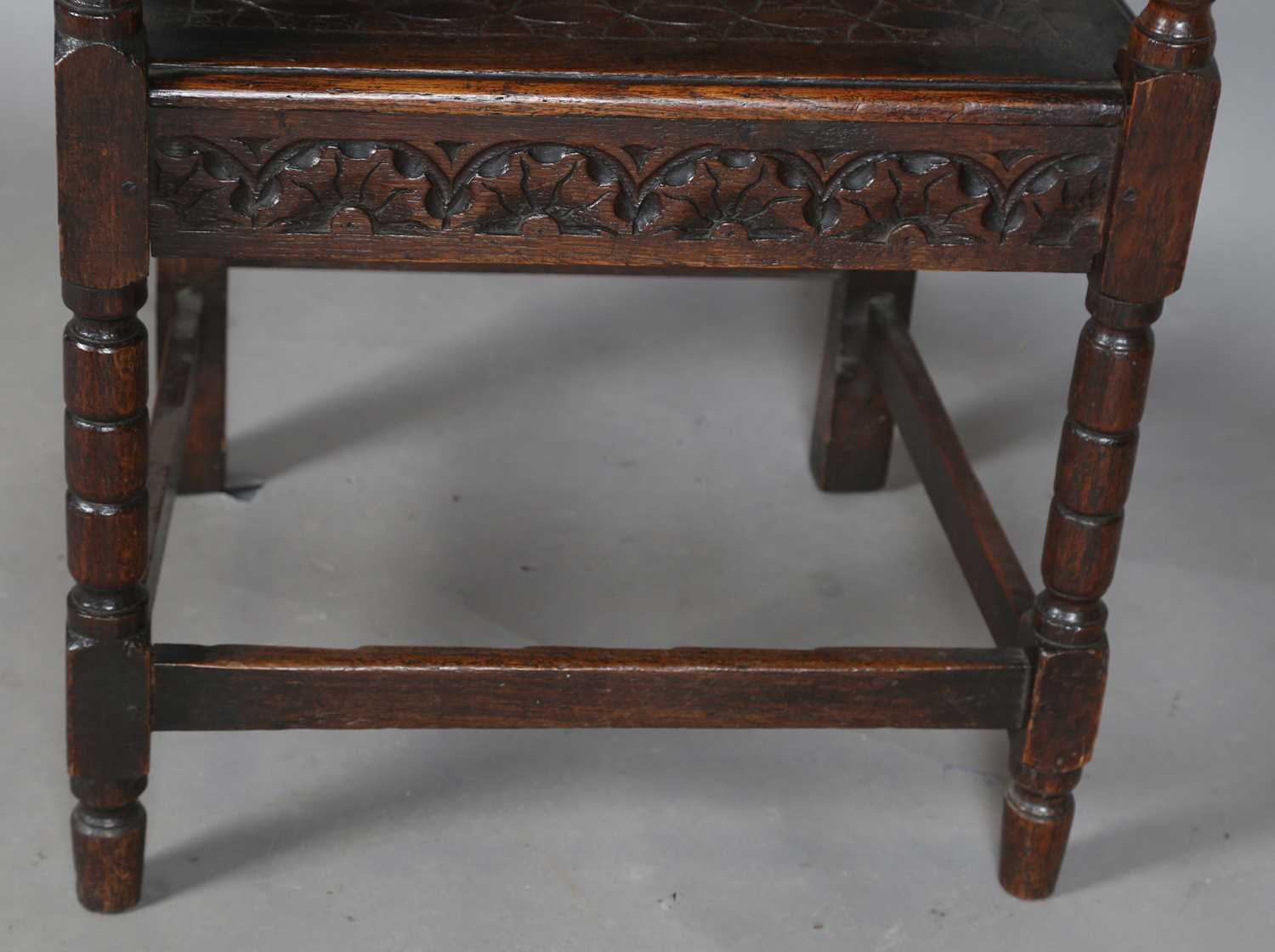 A late 19th/early 20th century Carolean Revival oak Wainscot armchair, height 115cm, width 51cm, - Image 7 of 12