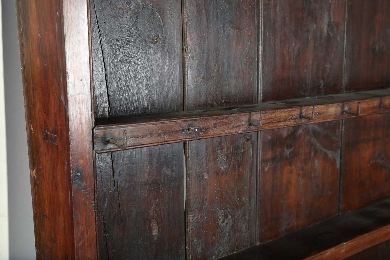 A George III provincial mahogany dresser, the plate rack above three drawers and chamfered - Image 3 of 13