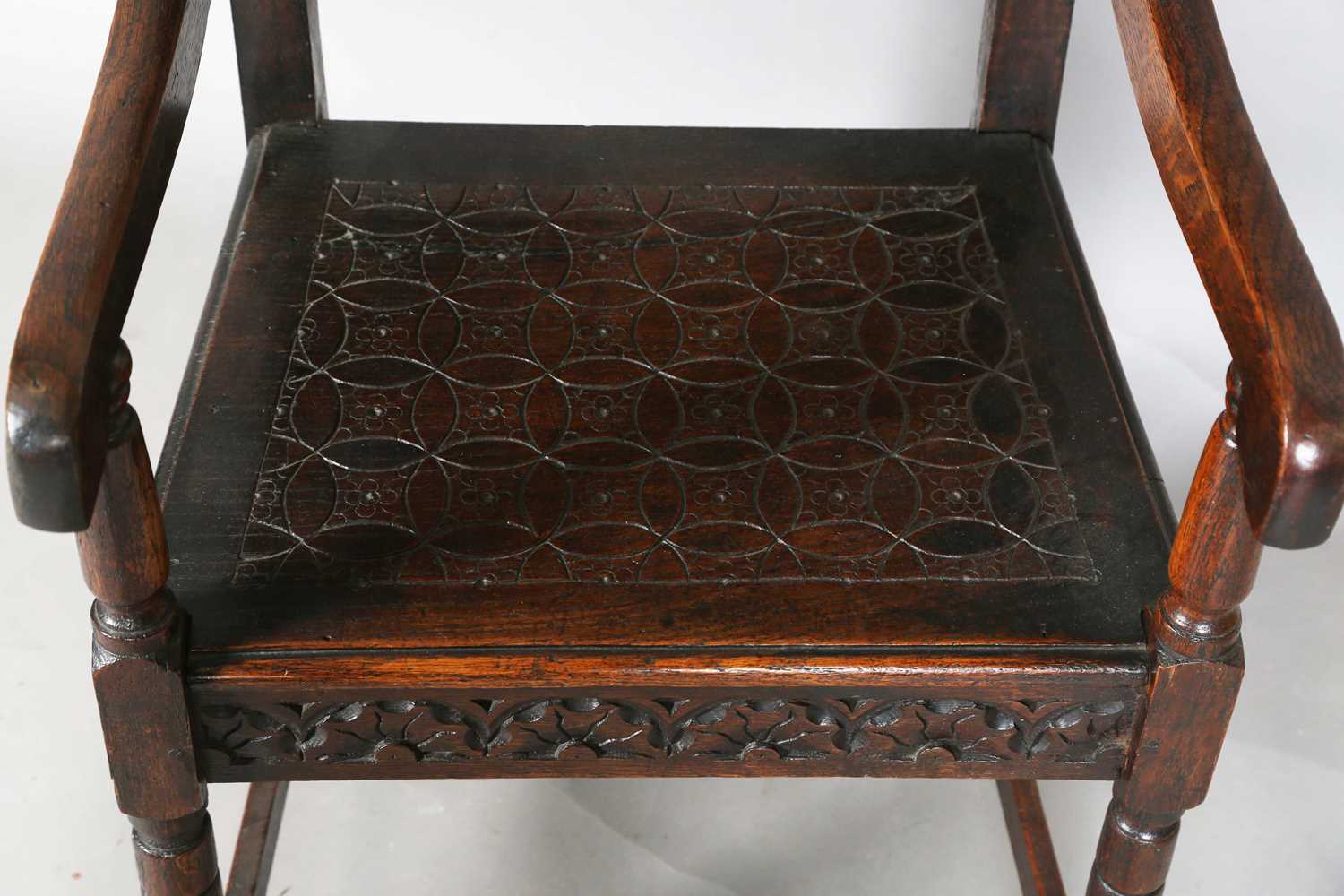 A late 19th/early 20th century Carolean Revival oak Wainscot armchair, height 115cm, width 51cm, - Image 4 of 12