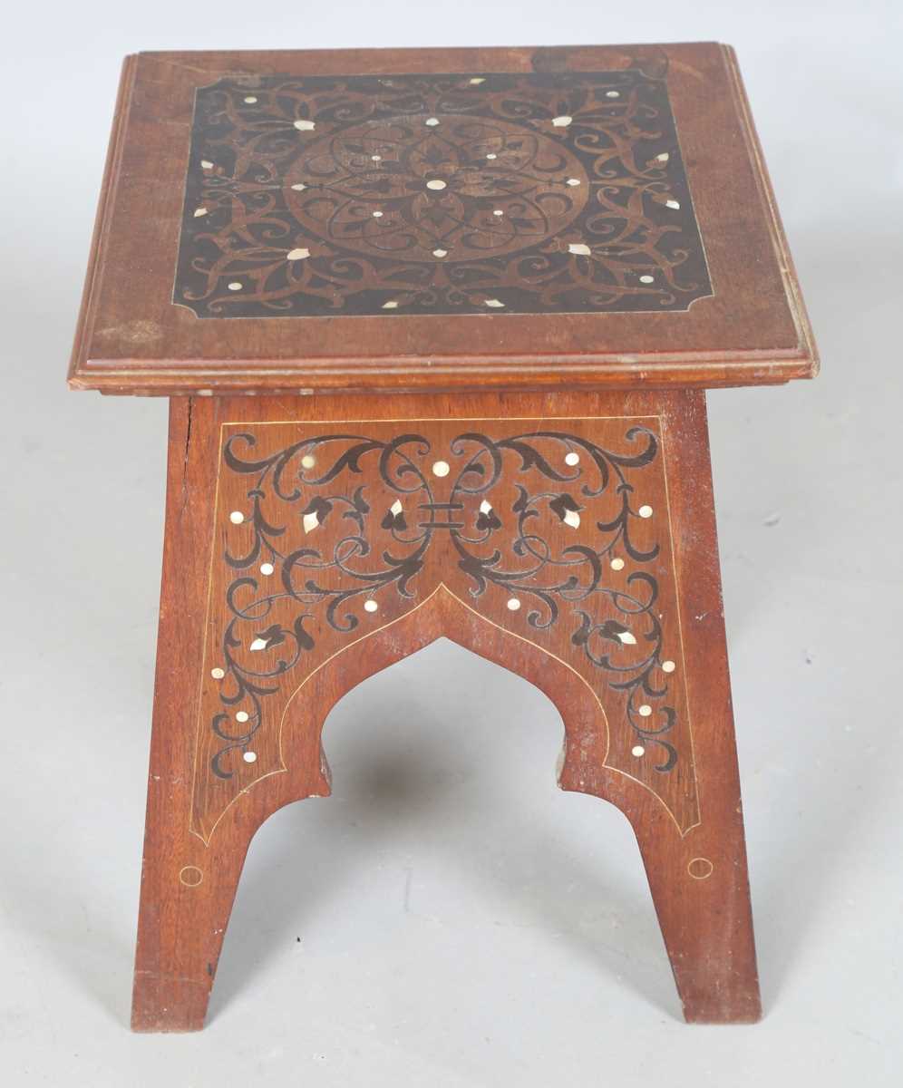 An early 20th century Continental Art Nouveau walnut square occasional table, the top and arched - Image 6 of 11