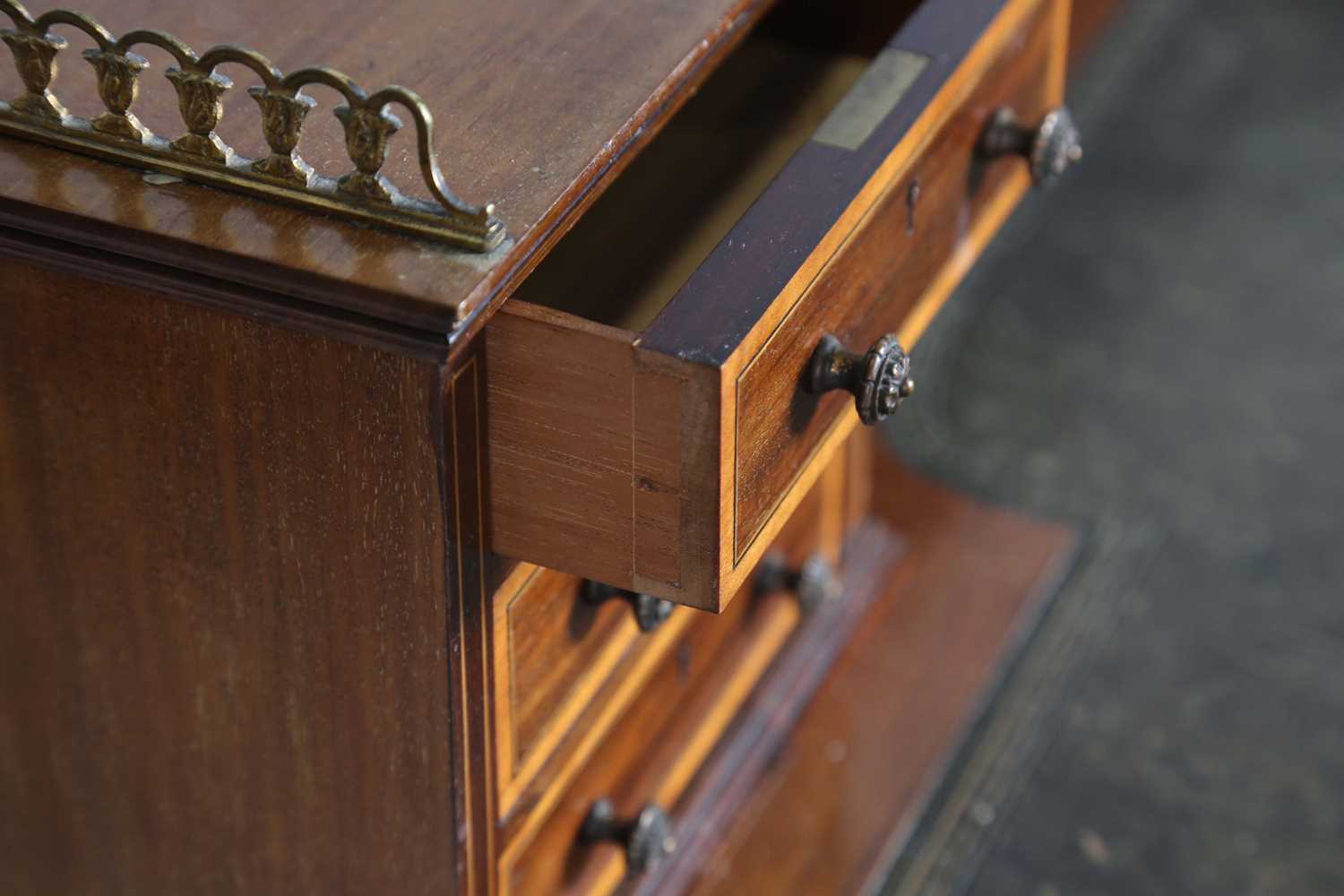 An Edwardian mahogany and satinwood crossbanded writing table, the frieze back fitted with - Image 5 of 11