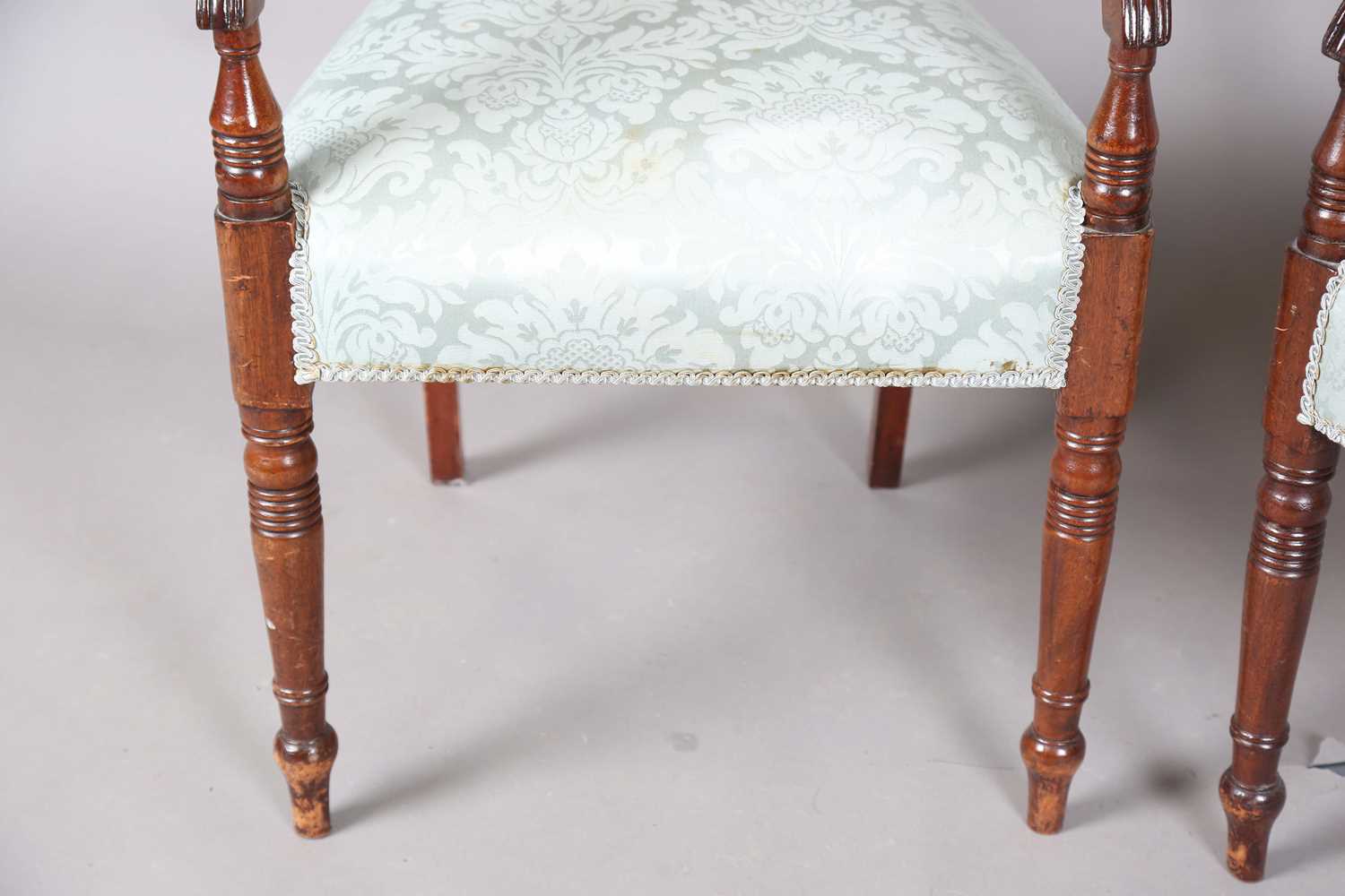 A set of eight Regency mahogany and brass inlaid bar back dining chairs, comprising two carvers, - Image 6 of 17