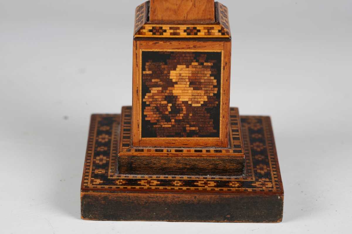 A Victorian Tunbridge ware desk thermometer of obelisk form, raised on a stepped square base, height - Image 4 of 14