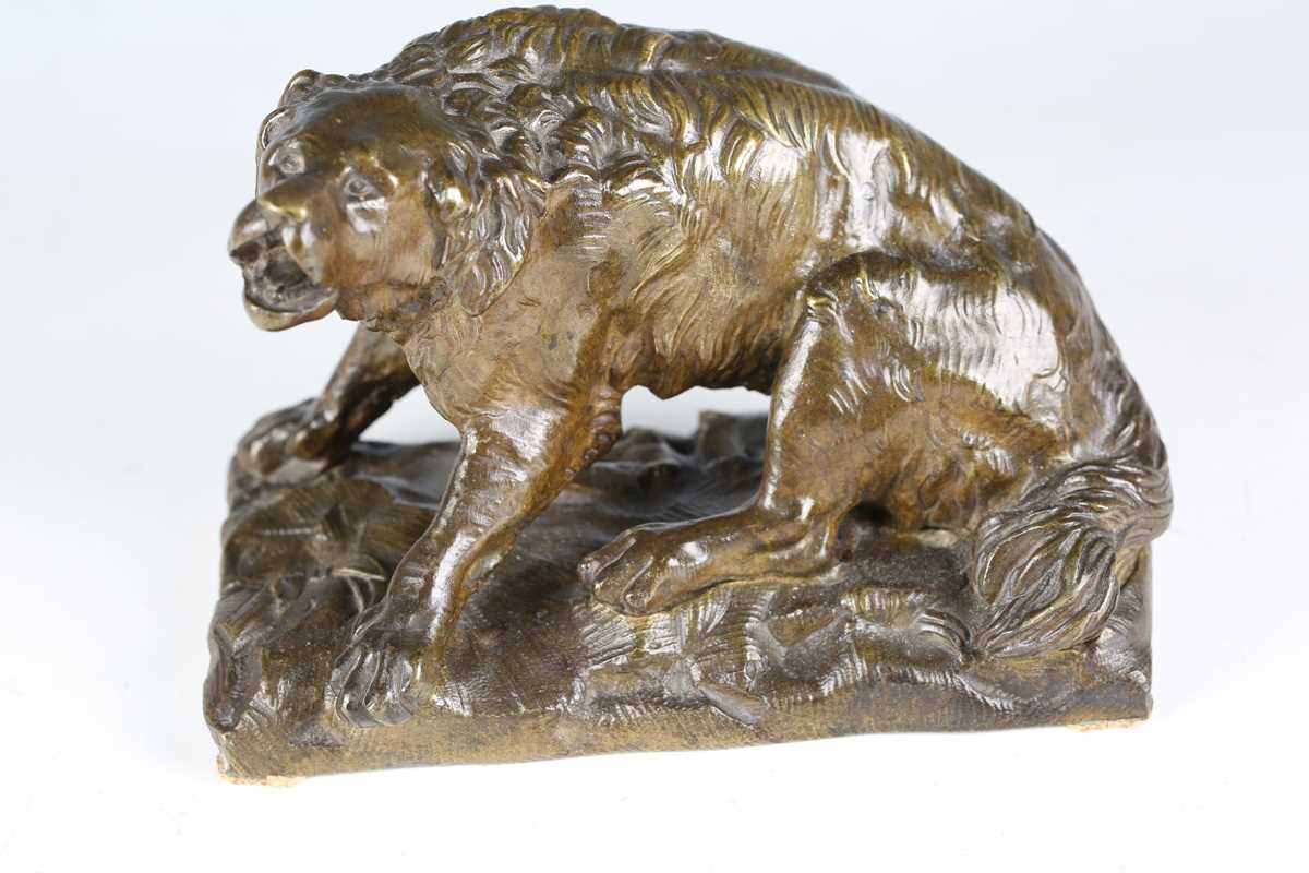 A late 19th century Continental green patinated cast bronze model of a barking dog, raised on a - Image 3 of 16