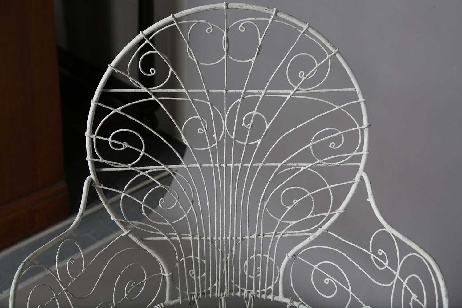 A pair of early 20th century wirework garden chairs, height 97cm, width 54cm, and a matching - Image 5 of 13
