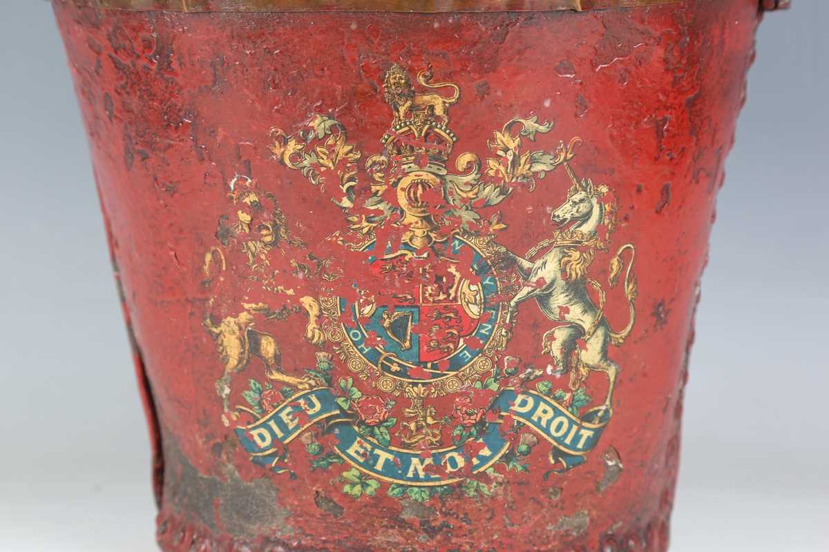 A late 18th/19th century painted leather fire bucket with strap handle and transfer printed royal - Image 2 of 8