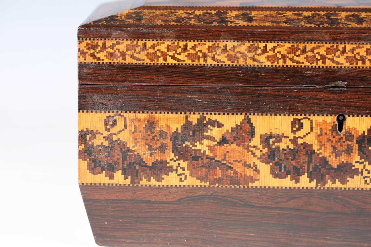 A Victorian Tunbridge ware rosewood tea caddy of sarcophagus form, the hinged lid with a geometric - Image 11 of 20