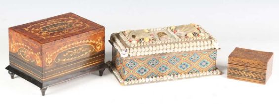 A late Victorian sailor's valentine seaside souvenir box, encrusted with overall shells, width 22cm,