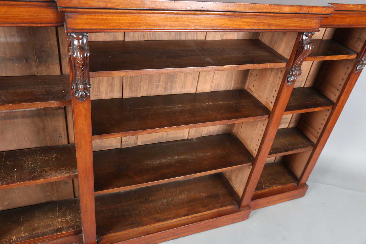 A Victorian mahogany breakfront three-section open bookcase, on a plinth base, height 118cm, width - Image 6 of 11