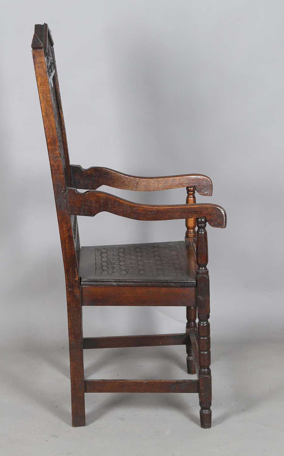 A late 19th/early 20th century Carolean Revival oak Wainscot armchair, height 115cm, width 51cm, - Image 9 of 12