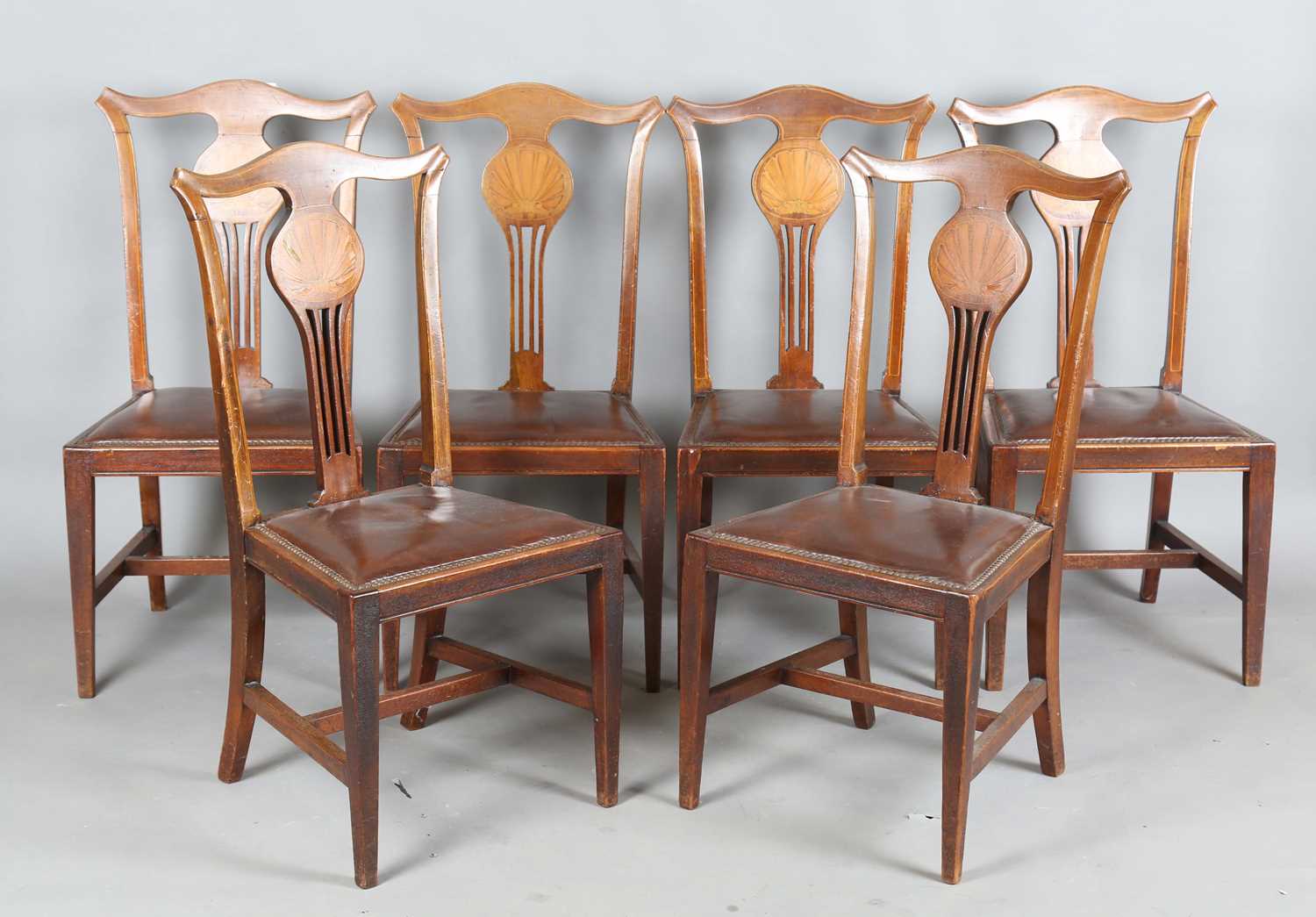 A set of eight Edwardian mahogany pierced splat back dining chairs, the backs inlaid with scallop - Image 13 of 32