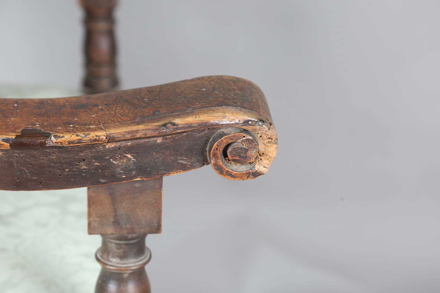A late 17th century Continental walnut armchair, the finials carved with masks, the two front legs - Image 11 of 15