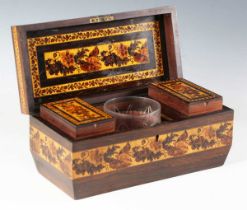A Victorian Tunbridge ware rosewood tea caddy of sarcophagus form, the hinged lid with a geometric