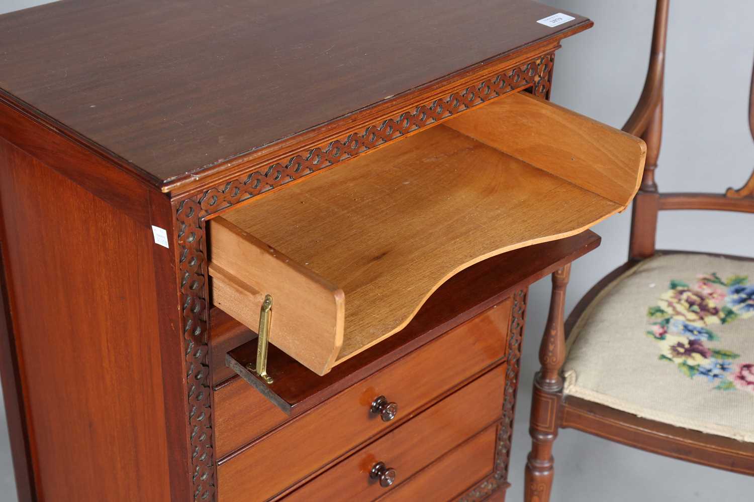 An Edwardian mahogany six-drawer music chest with blind fretwork decoration, height 94cm, width - Image 3 of 9