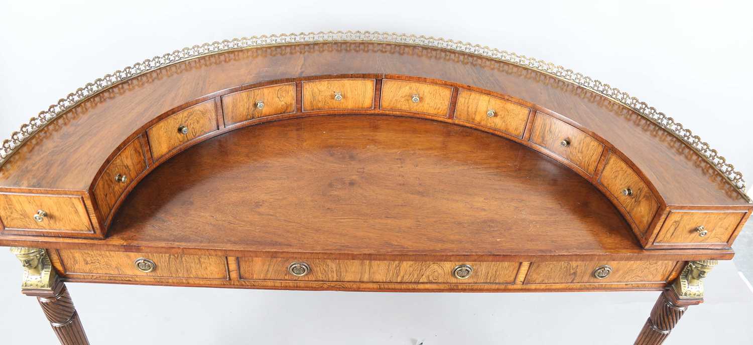 A 20th century reproduction walnut Carlton House style demi-lune desk, the gallery back with gilt - Image 2 of 15