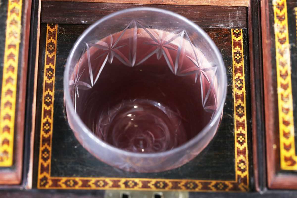 A Victorian Tunbridge ware rosewood tea caddy of sarcophagus form, the hinged lid with a geometric - Image 6 of 20